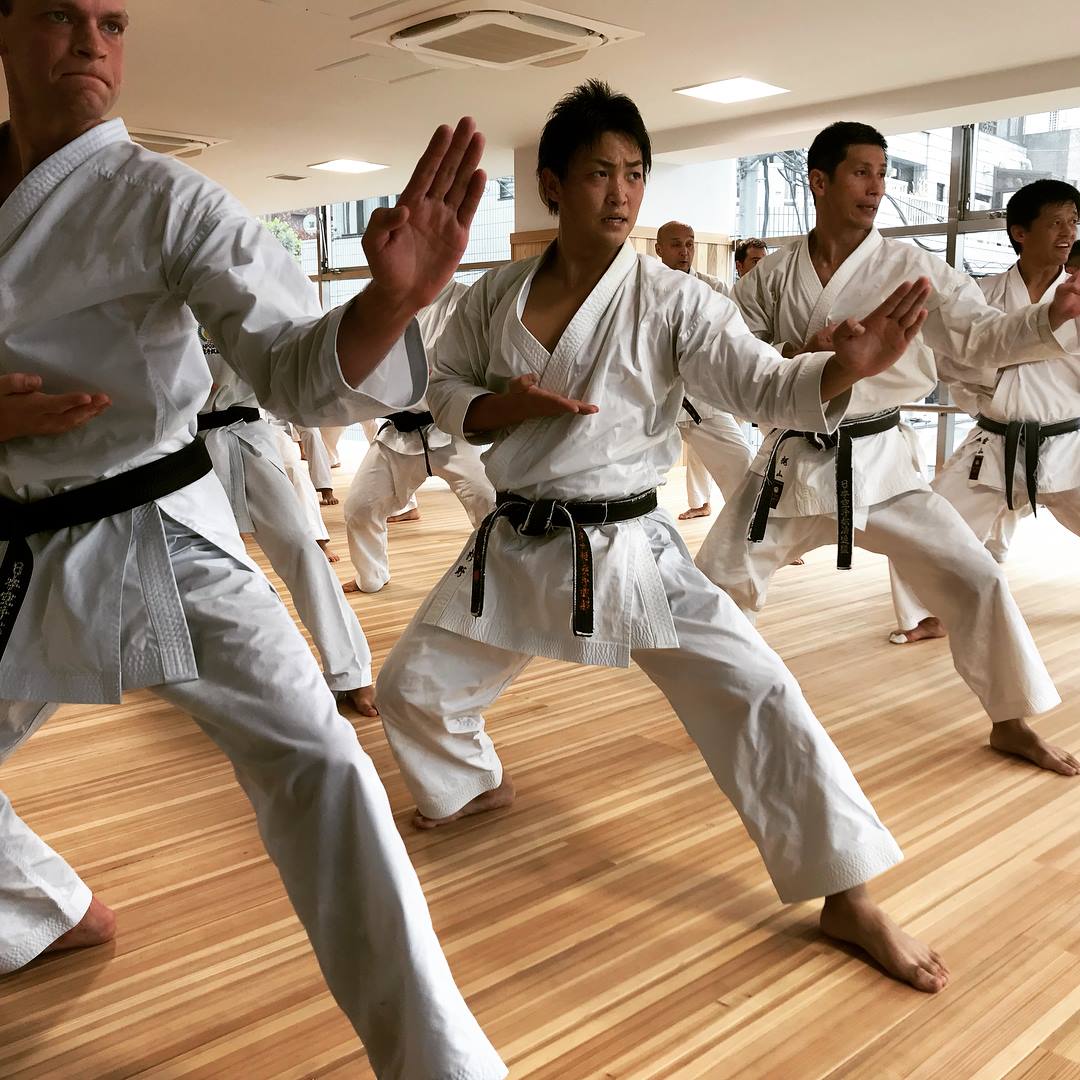 Kihon practice at the new dojo. Left to right: Henry Bellinger, Sugino Takumi, Kajiyama Hisashi, Kanayama Kosho.