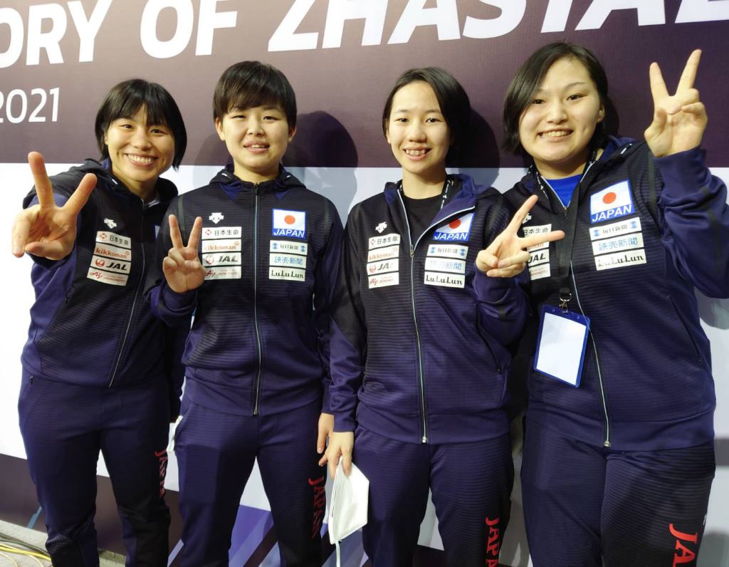 Someya Kayo, Suzuki Maya, Yazawa Sumika, Sawae Yuzuki: the Japanese female kumite team at the 2021 AKF Championships.